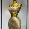 2025 New Summer Sexy V Neck Gold Bandage Two Pieces Set Women Charming Celebrity Bodycon Skirt Suits Club Birthday Vestido