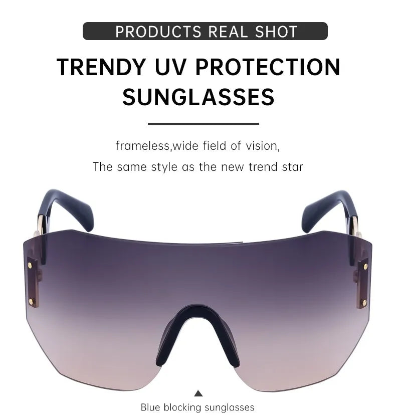 Oversized Shield Rimless Punk Sunglasses Women 2024 Luxury Brand Fashion Winged Sun Glasses For Ladies Shades Eyewear UV400