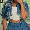 Fashion Broken Holes Long Sleeve Short Denim Jacket Ladies Trend Streetwear Casual Outerwear Women's Double Button Splicing Coat