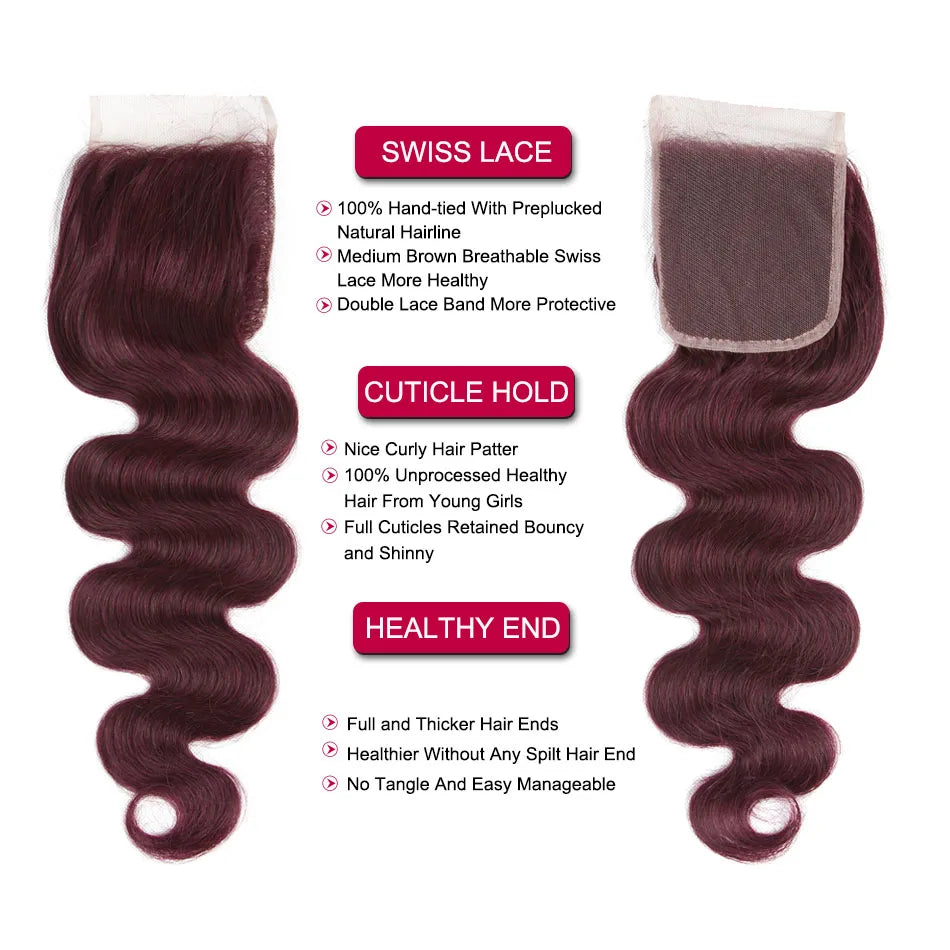 HairUGo Brazilian 99J 4x4 Straight Hair Closure 4*4 Lace Closure 10''-20'' 100% Human Hair Lace Closure With Baby Hair Remy Hair
