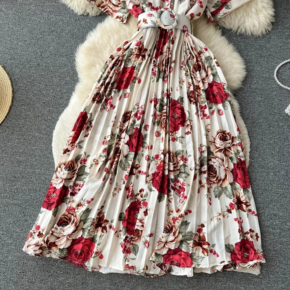 2024 Summer Women Floral Pleated Dress Vintage Turn-Down Collar Short Sleeve Single Breasted Printed Draped Midi Vestidos New