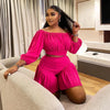 Customized Plus Size Women's Set Long Sleeve Slash Neck T-Shirt and Shorts 2025 Summer Ruched Two 2 Piece Set Outfits Tracksuit