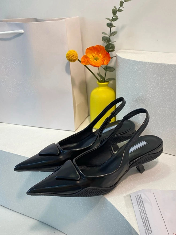 Women Sandals 2025 Spring New Brand Woman Slingback Shoes Fashion Ladies High Heels Elegant Med Heel Pointed Toe Slip on Sandal