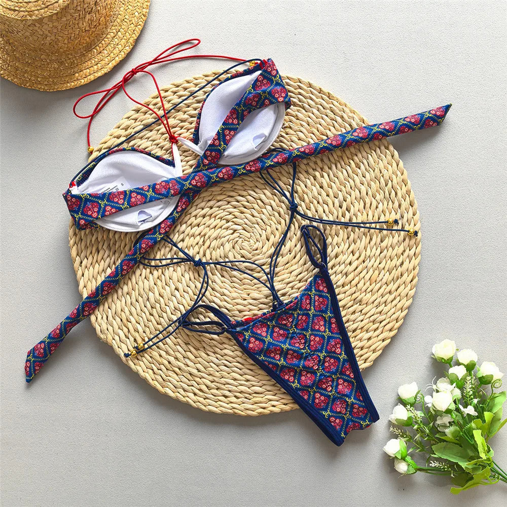 Sexy Print Laced Up Bikini 2 Piece Set Women Split Swimsuit High Waist Beach Backless Bikini 2025 New Summer Swimwear Bikini Set