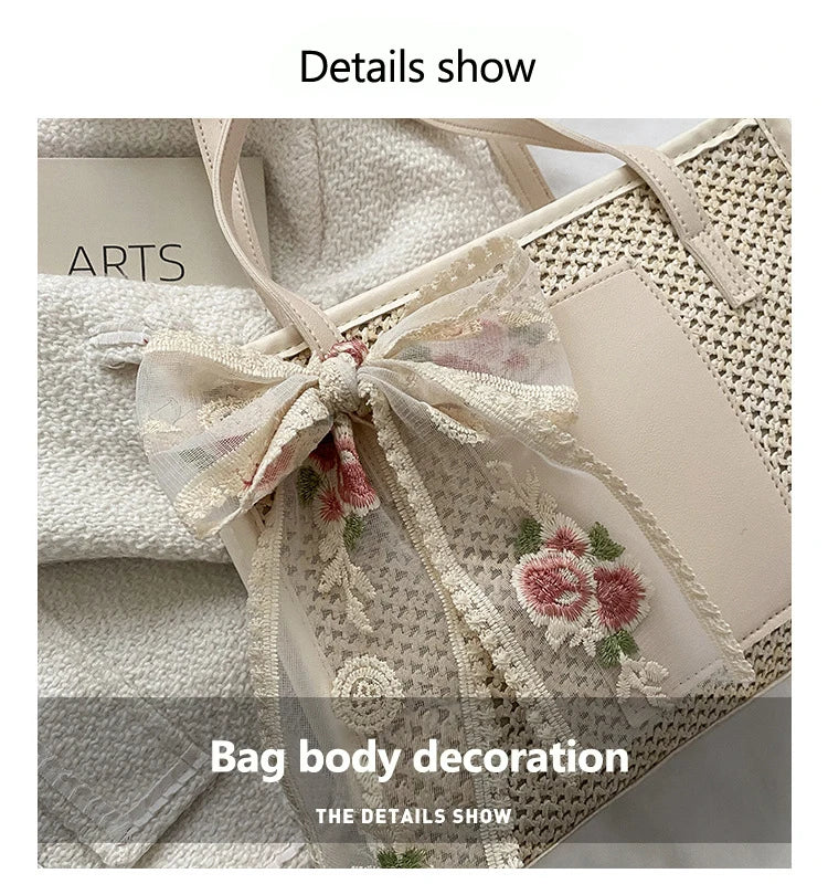Trendy Lightweight Casual Bow Decor Straw Bag Hollow Out Knitted Flower Tote Bag Large Capacity Shoulder Bag For Teen Girl Women