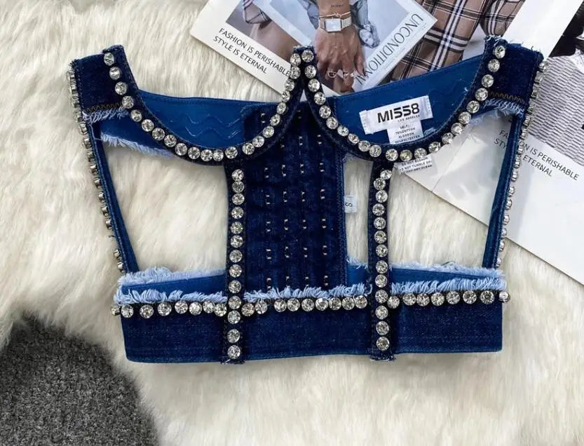 Streetwear Diamonds Denim Vest Female Bra Sleeveless Backless Sexy Summer Tank Tops For Women Camisole y2k Crop Top 2025