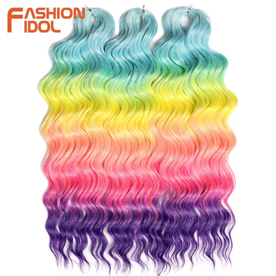 FASHION IDOL 24Inch Crochet Hair Synthetic Water Wave Braiding Hair Extensions Ombre Rainbow color Fake Hair Deep Wave Curl Hair