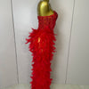 Stock 2025 Women Sexy Sparkly Rhinestone Mesh Feather Long Dress Elegant Evening Party Celebrate Birthday Performance Costume