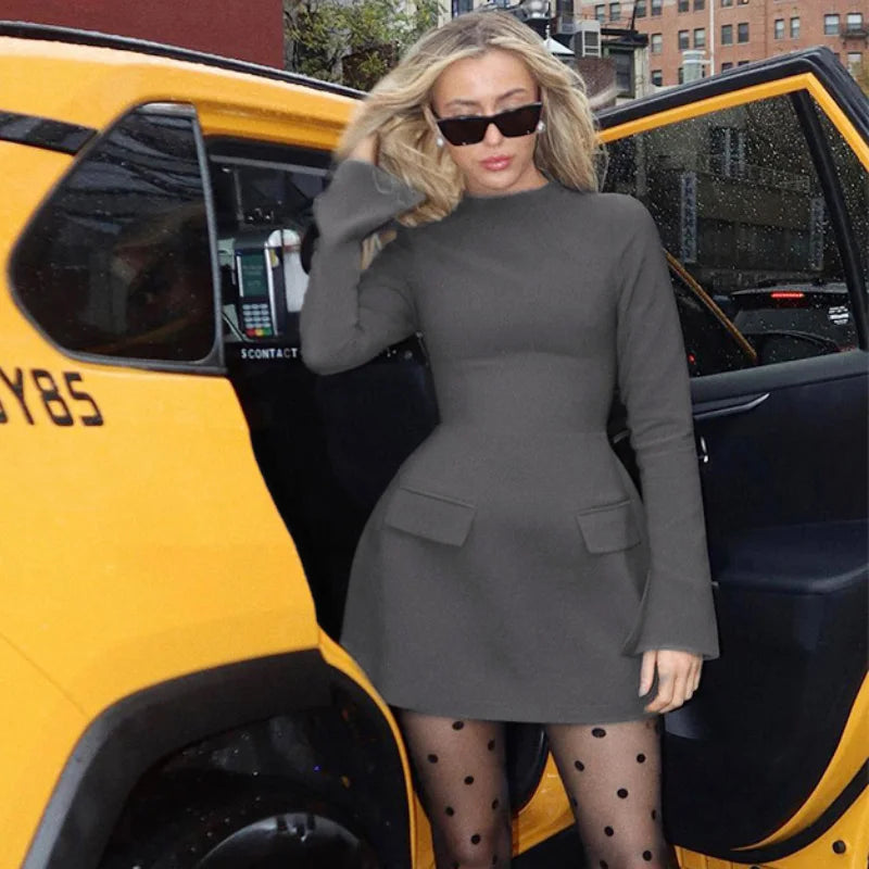 Hugcitar 2024 Spring O Neck Long Sleeve Solid Patchwork Zip Up Sexy Bodycon Mini Dress Women Fashion Outfits Birthday Party Y2K