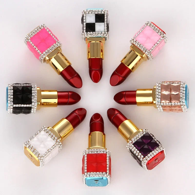 Luxury Diamond Lipstick Inflatable Lighter Mini Butane Pink Water Diamond Portable Lighter High End Women's Smoking Gift