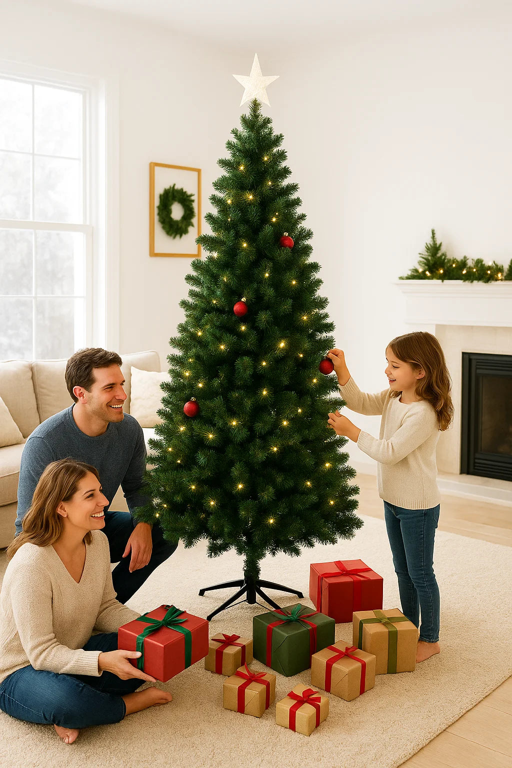 180/210/240cm Pop Up Pre-Lit Christmas Tree,Artificial Pine Needle & PVC Mixed Tree with Iron Base,Easy Setup Holiday Decoration