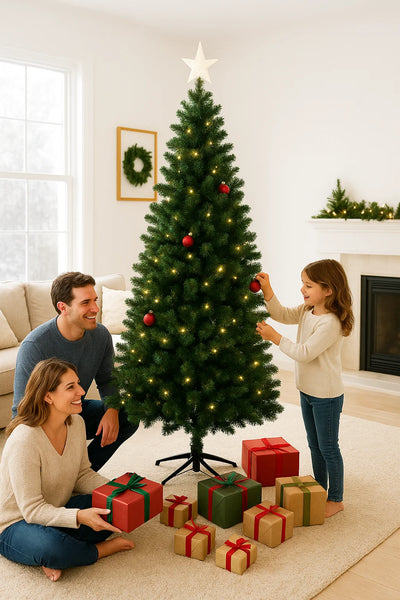 180/210/240cm Pop Up Pre-Lit Christmas Tree,Artificial Pine Needle & PVC Mixed Tree with Iron Base,Easy Setup Holiday Decoration