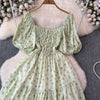 2024 New Summer Flower Print Long Dress Women Vintage Square Neck Ruched Chest Sash Bandage Sundress Party Vestidos