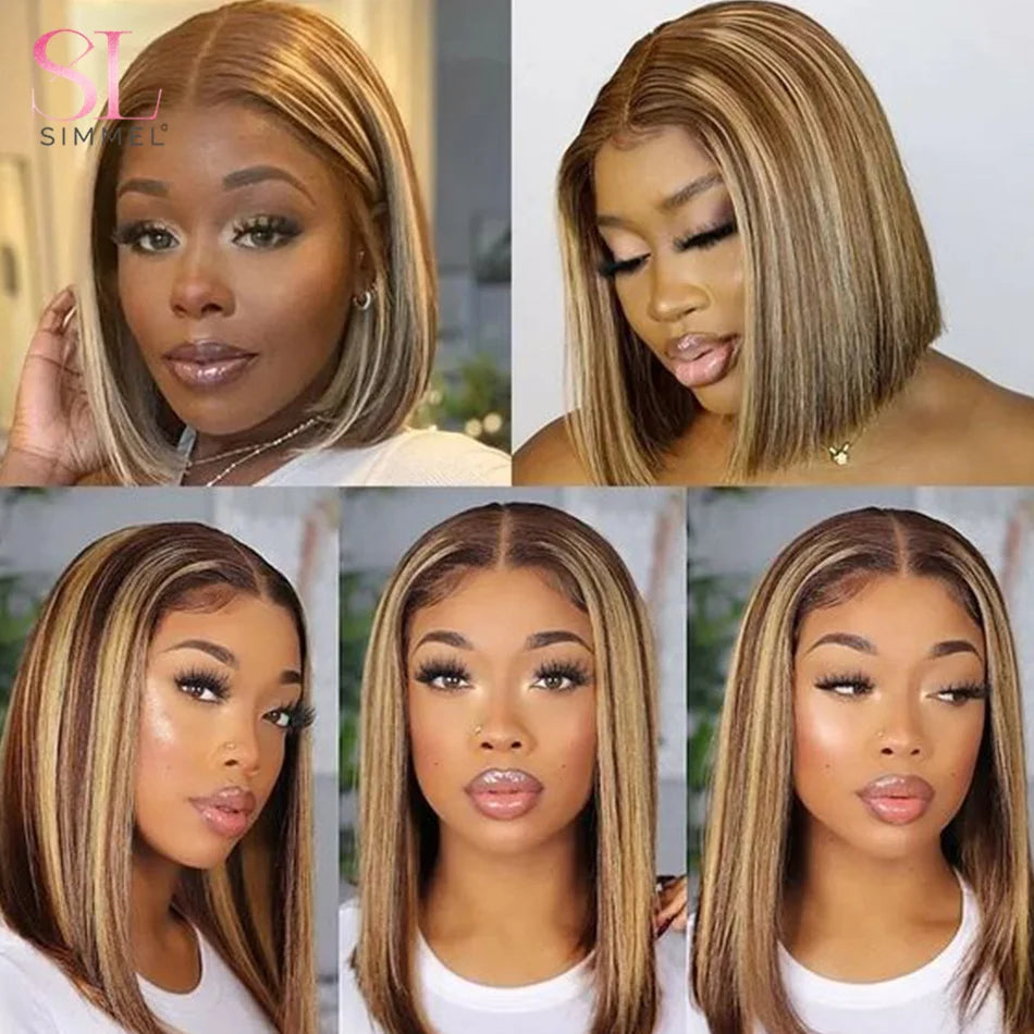 SIMMEL Ombre 4x4 Lace Closure Wig Highlight Colored Human Hair Wigs Highlight Brown Bob Wigs Straight Remy Hair 180 Density