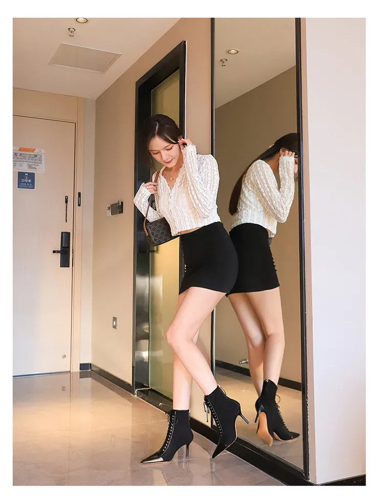 BIGTREE Shoes Cross Straps Sexy Women Boots Pointed Toe Stiletto High-heel Boots 2025 New Women's Ankle Boots Plus Size 42 43