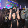 OMSJ Women Gothic 2024 Black Hooded Knitted High Split Long Dress Hollow Sexy See-through Straight Dress Festival Rave Club Wear