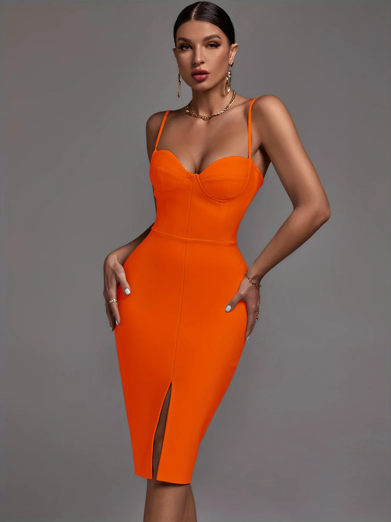 Orange Bandage Dress Women Party Dress Bodycon Elegant Sexy Spaghetti Strap Birthday Evening Club Outfits New Year 2024 Summer