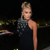 Fashion Women Celebrity Sexy Single Sleeve Rhinestone Black Maxi Long Bodycon Bandage Dress Elegant Evening Club Party Dress