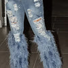 Fashion Women's Jeans Tassel Holes Vitnage Feather High Waist Y2K Streetwear Casual Denim Pant Spring Skinny Hollow Out Trousers