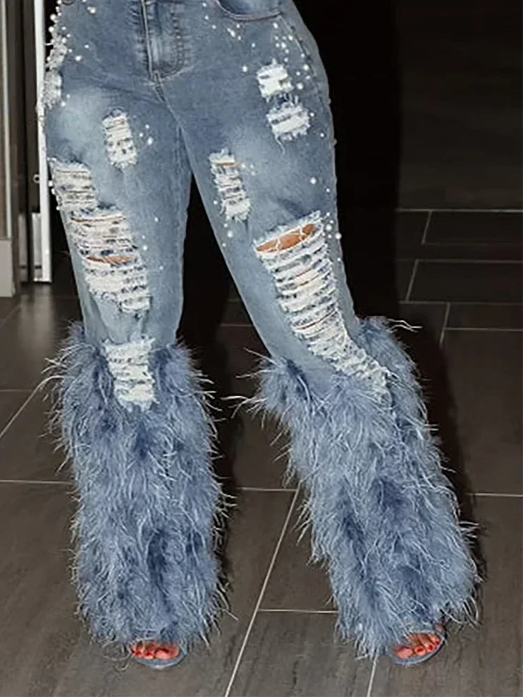 Fashion Women's Jeans Tassel Holes Vitnage Feather High Waist Y2K Streetwear Casual Denim Pant Spring Skinny Hollow Out Trousers