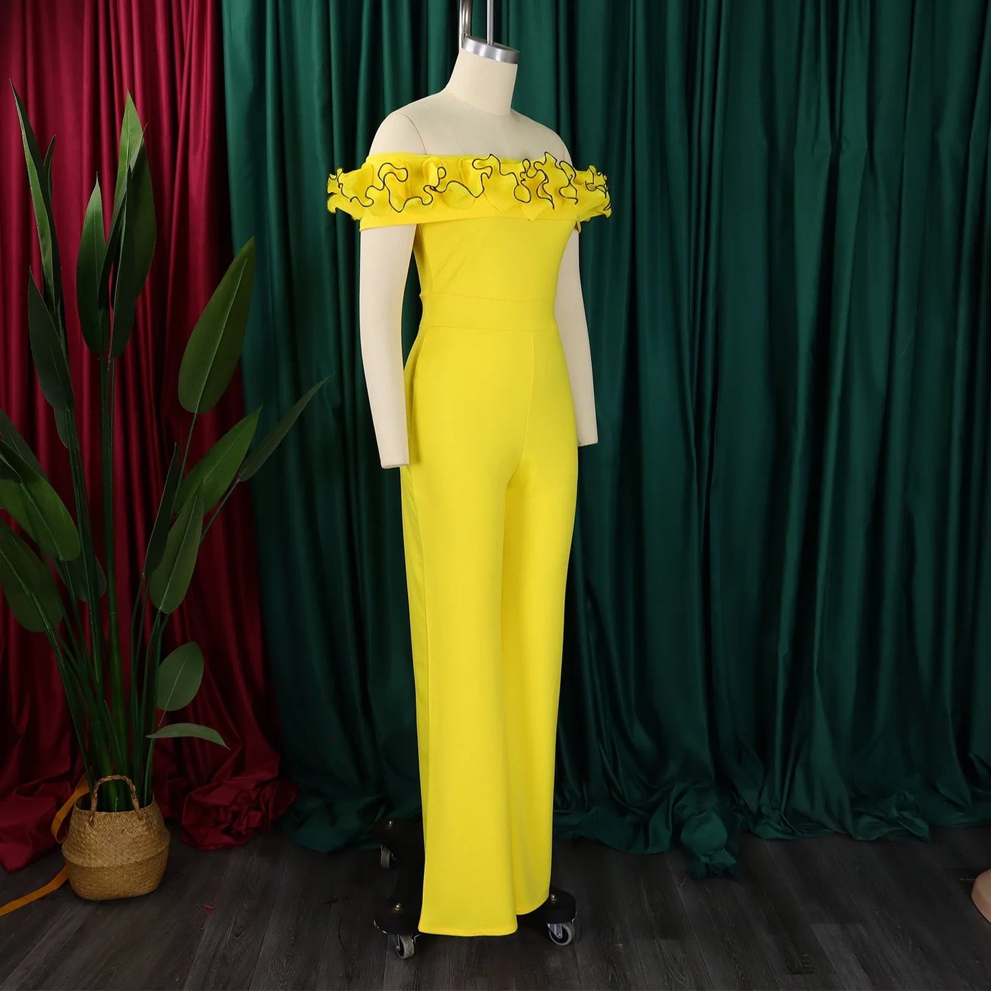 Luxury Jumpsuits & Rompers for Woman Off the Shoulder Ruffles Short Sleeve High Waisted Solid New Year 2025 Christmas Overalls
