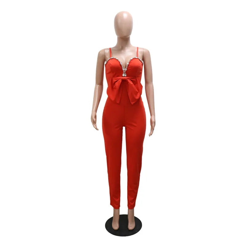 Spaghetti Strap Deep V Neck Sexy Women Straight Jumpsuits Rompers 2023 Rhinestone Big Bowknot Party Jumpsuit Birthday Outfits
