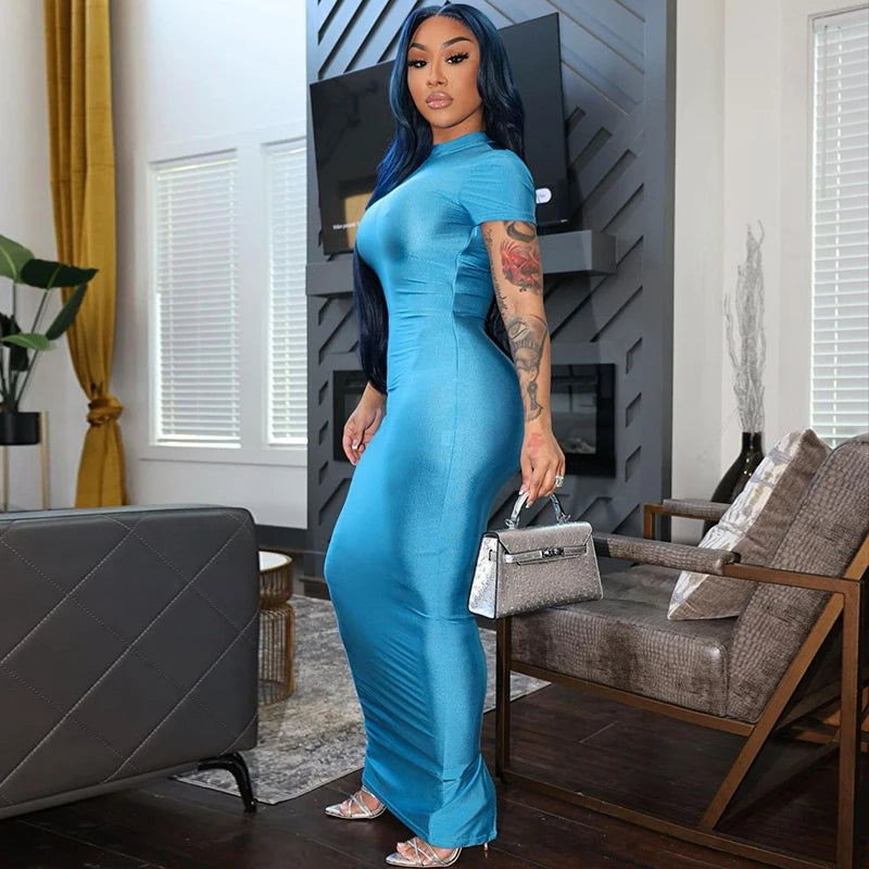 Hugcitar Pure Color O Neck Short Sleeve Slit Sexy Bodycon Slim Maxi Prom Dress 2024 Summer Women Elegant Party Festival Clothes