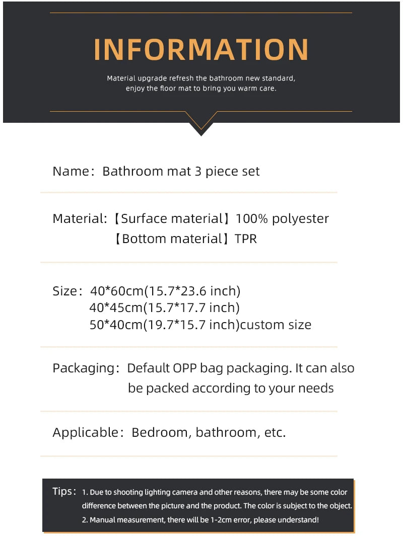 3-piece bathroom chenille floor mat, absorbent anti slip bathroom carpet, bathroom U-shaped foot mat, toilet lid, TPR anti slip
