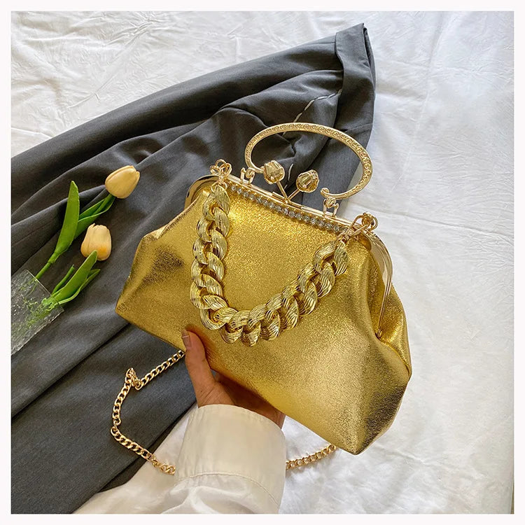 2024 Luxury Women Gold Green Chain Messenger Bags PU Leather Shoulder Bags Shell Clip Designer Handbag And Purse Wedding Clutch