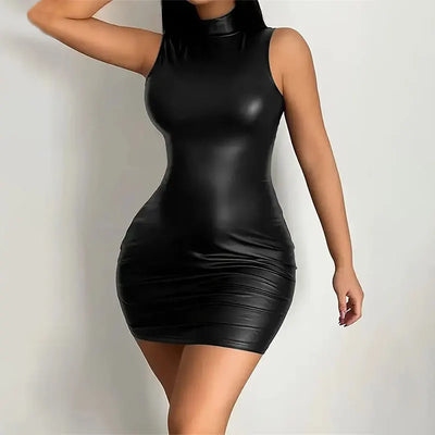 Party Bodycon Pu Leather Lady s Solid Color Dress Sexy Sleeveless Slim Elastic Leather Package Hip Tee Skirt Mini Short Dress