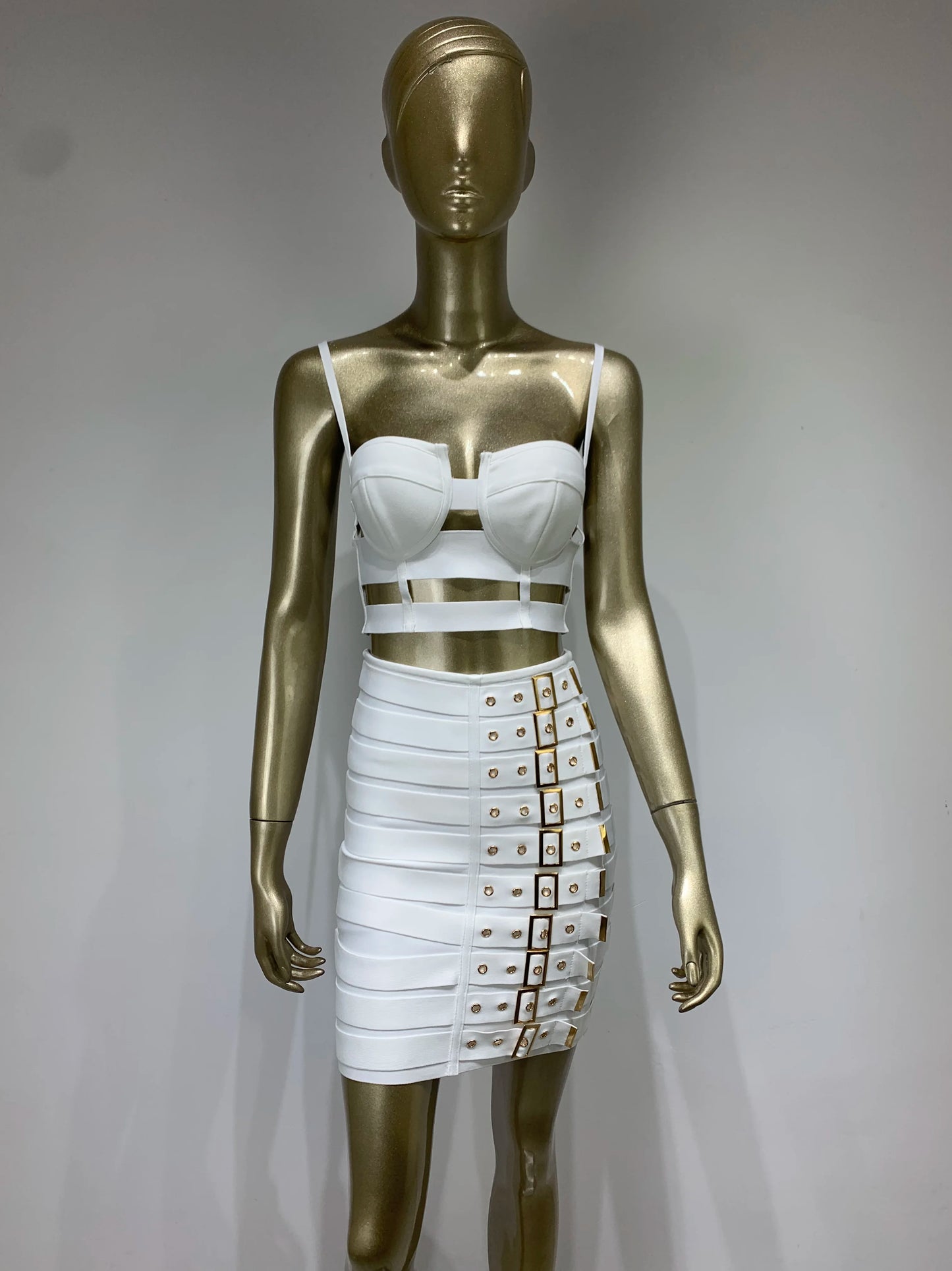 Women Celebrity Sexy Cut Out Mental Black White Mini Bodycon Bandage Skirt Set 2023 Elegant Evening Birthday Club Party Outfits