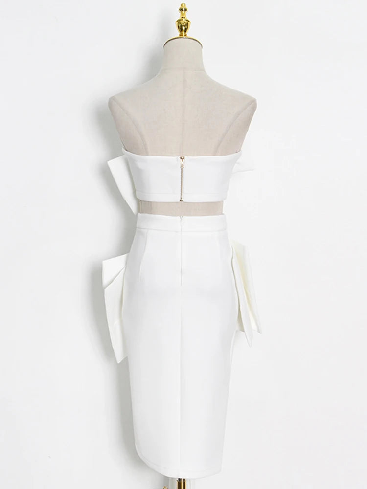 VGH Strapless Slim Solid Sets For Women Sleeveless High Waist Patchwork Bow Top Irregular Sexy Mini Two Piece Set Female Clothes