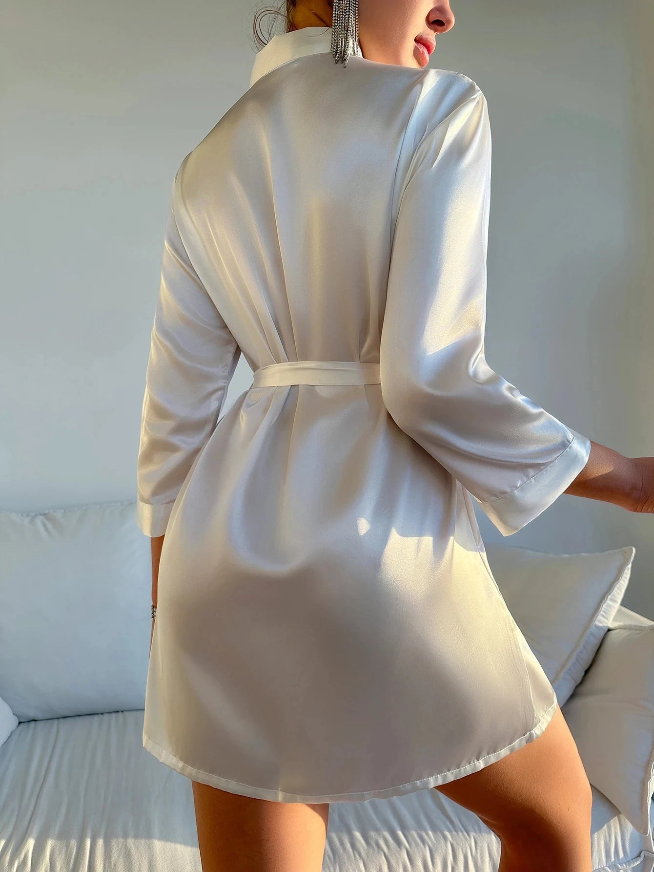 Solid Satin Night Robe Long Sleeve V Neck Robe With Belt Women's Sleepwear
