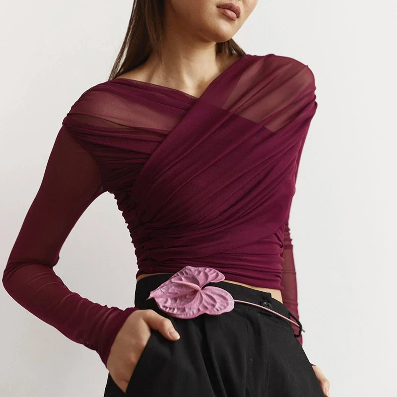CUTENOVA Chic Design Cross Neck Crop Top Solid Color Mesh See Through Sexy Pleated Long Sleeve Elegant T-Shirt For Women Casual