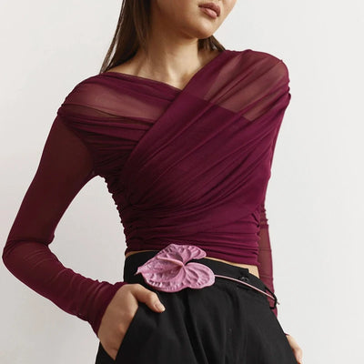 CUTENOVA Chic Design Cross Neck Crop Top Solid Color Mesh See Through Sexy Pleated Long Sleeve Elegant T-Shirt For Women Casual