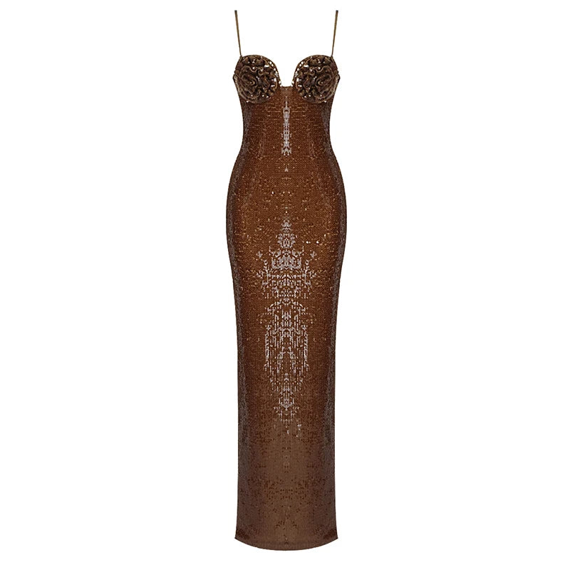 New Summer Dress 2024 Women Sexy Sleeveless Backless Mesh Sequins Brown Bodycon Maxi Dress Elegant Long Evening Party Dress
