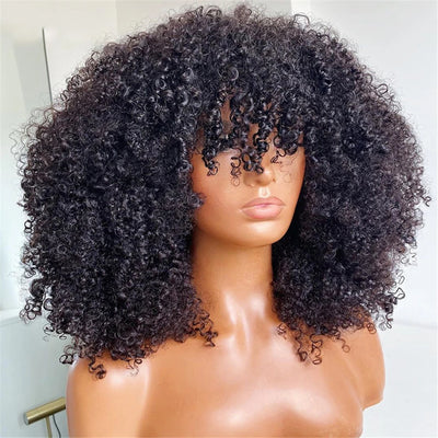 Afro Kinky Curly Wigs with Bangs 250% Density Brazilian Remy Human Hair Full Machine Made Wigs Short Afro Curly Wigs For Women