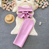 Women Vintage Two Pieces Skirt Sets Women Long Sleeve Sexy Slash Neck Bandage Ruffle Blouse Top and High Waist  Hip Wrap Skirt