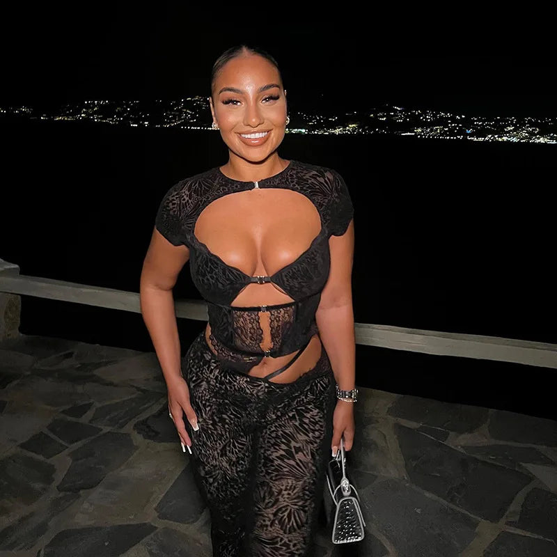 FAGADOER Sexy Lace See Through 2 Piece Sets Woman Outfit Hollow Out Crop Top + Flare Pants Female Y2K Streetwear Summer Spring