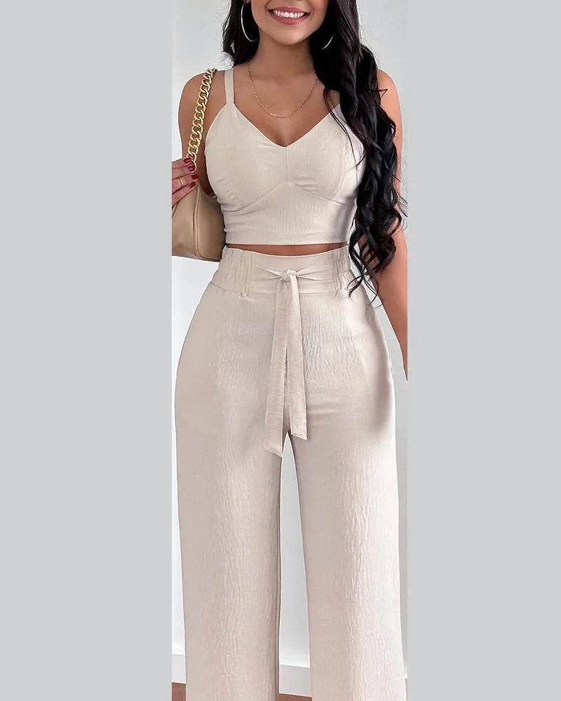 Women Fashion Print Halter V-Neck Short Tank Suit Tops Long Pants Matching Set Summer Casual Female Slim Pants Two Piece Sets