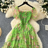 Elegant Slash Neck Vintage Short Puff Sleeve Chic Print Slim Chiffon Dresses French High Street Evening Autumn Mesh Clothing