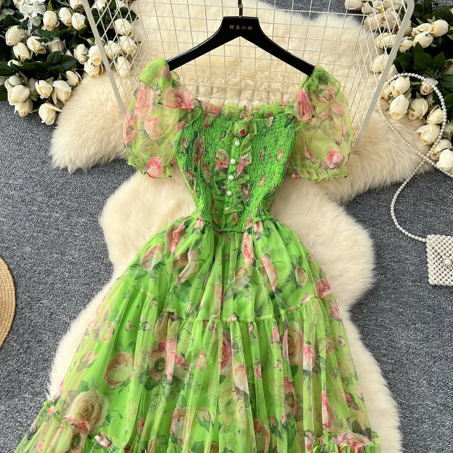 Elegant Slash Neck Vintage Short Puff Sleeve Chic Print Slim Chiffon Dresses French High Street Evening Autumn Mesh Clothing