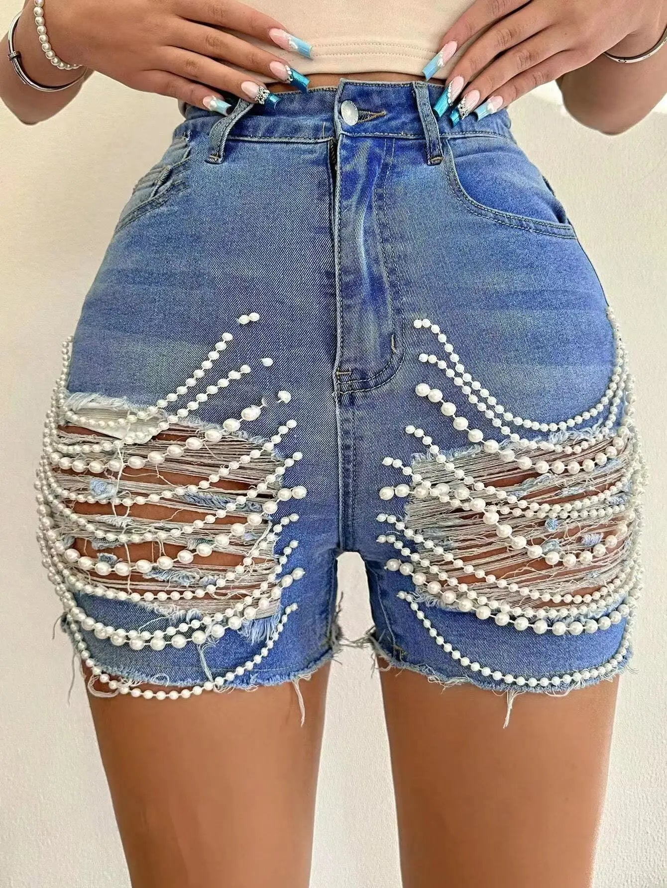 Denim Shorts Women Summer New High-waisted and Thin Handmade Bead Chain Ripped Hot Pants for Women