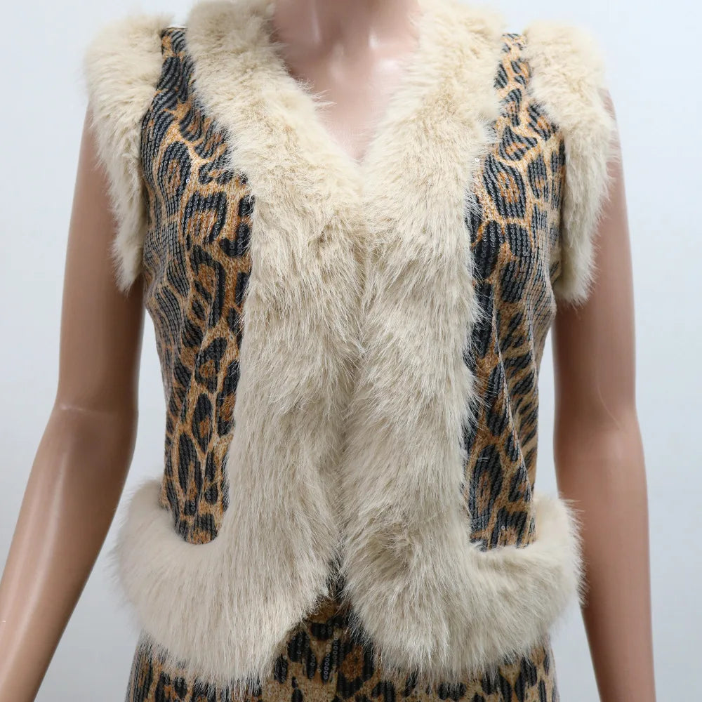 CM.YAYA Women's Set Sleeveless Fur Leopard Sequined V-neck Wool Vest and Pant Suits 2024 Street Two 2 Piece Set Outfit Tracksuit