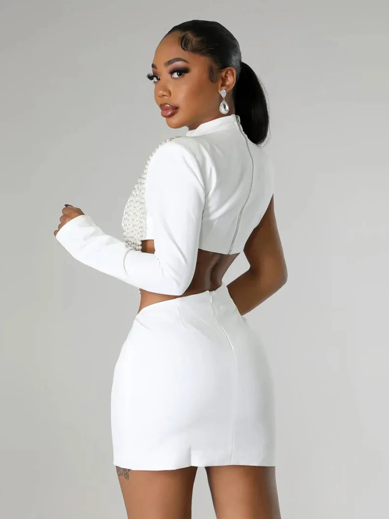 Fashiona sexy women's slim fit solid color one shoulder elegant dress pearl string party half high neck hip hugging mini dress