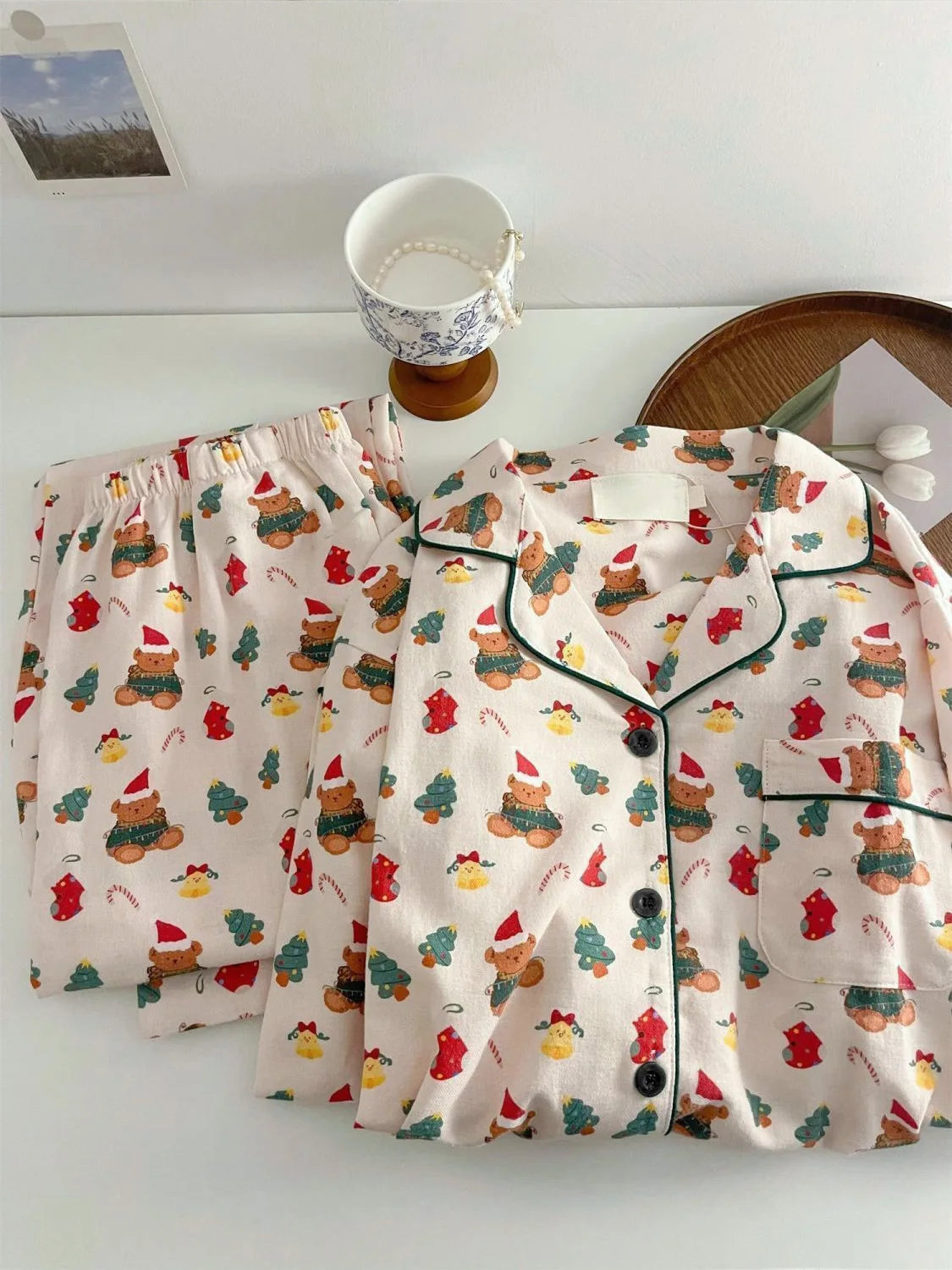 Christmas PJ Set Women Autumn Female Homewear Long Sleeves Button Sleepwear Pajamas Pants Pajama Sets Kawaii Y2K Girls Nightwear