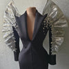 Sparkly Sequins Rhinestones Big Sleeves Black Jacket Sexy Singer Dancer Nightclub Jazz Dance Costume Performance Show Stage Wear