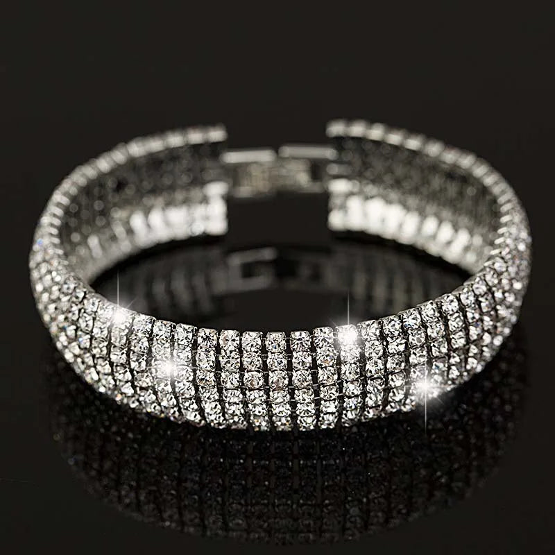 TREAZY Luxury 15 row Rhinestone Full Crystal Bracelet for Women Cuff Bangle Wedding Bridal Gold Silver Color Statement Bracelets