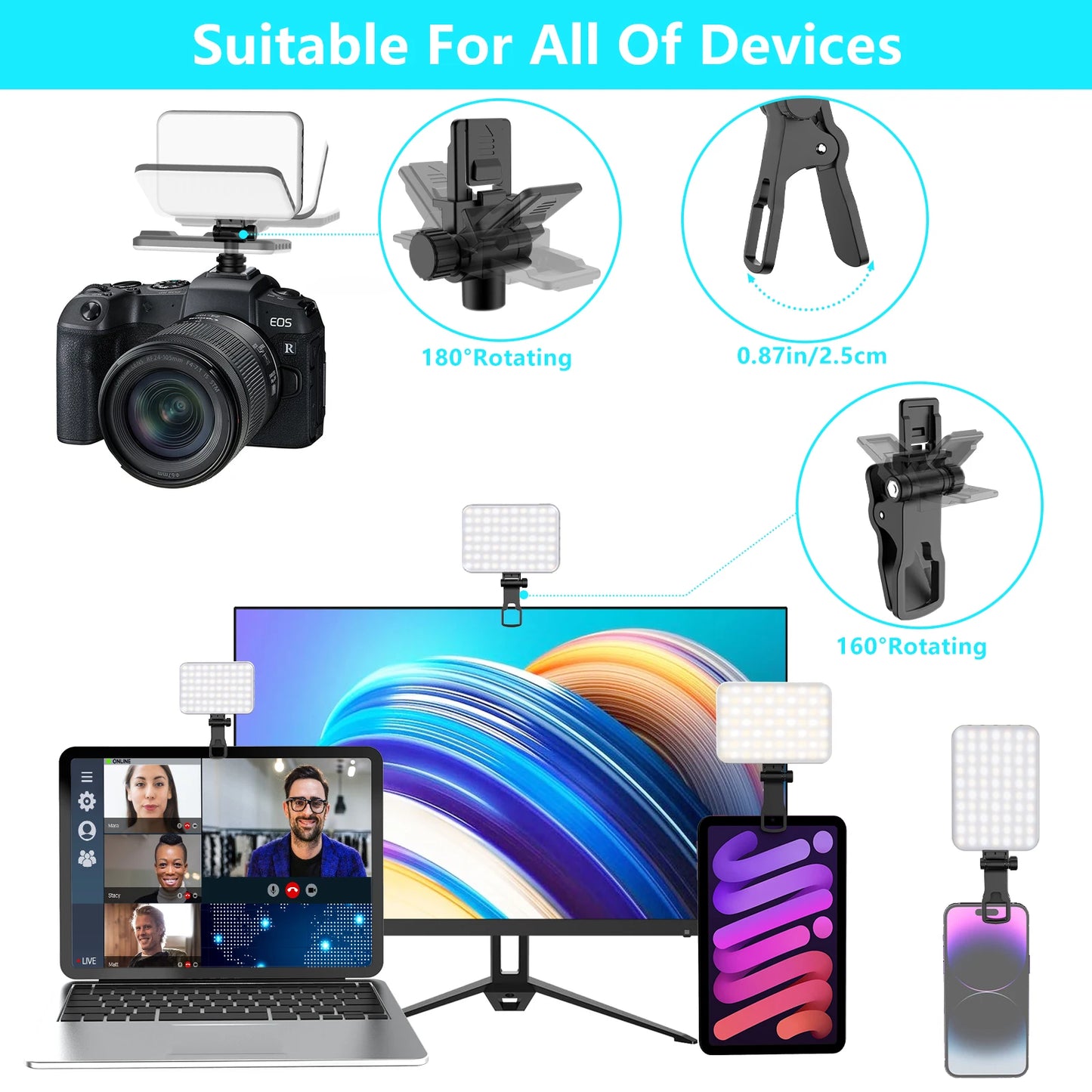 LED Selfie Light 60 High-quality LED Beads 2200mAh Rechargeable CRI 97+, 7 Light Modes Portable on Light for Phone/Tablet/Laptop