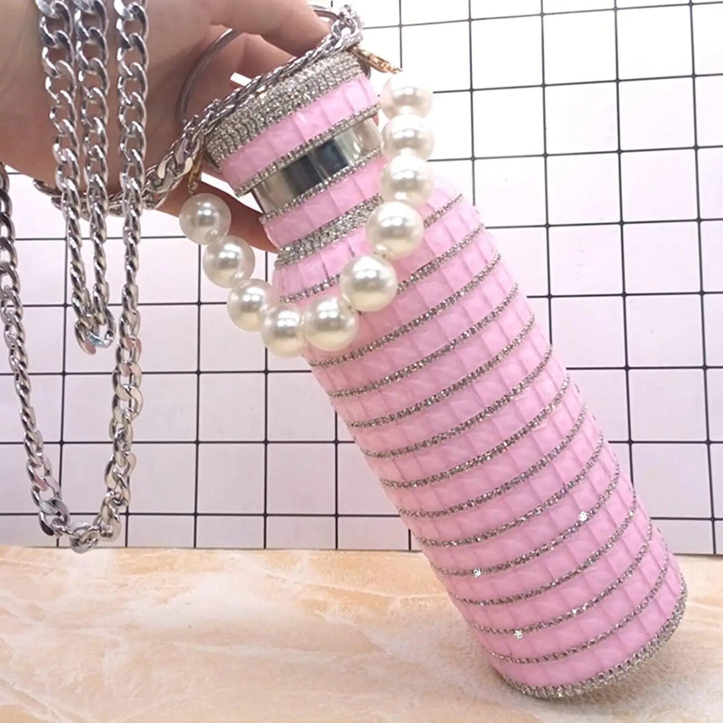 Bling Rhinestone Insulated Thermos Water Bottle with Chain Stainless Steel Vacuum Insulated Bottle Flask Portable Tumbler